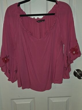 Unique Spectrum Fuchsia Floral-Embroidered Bell Sleeve Blouse